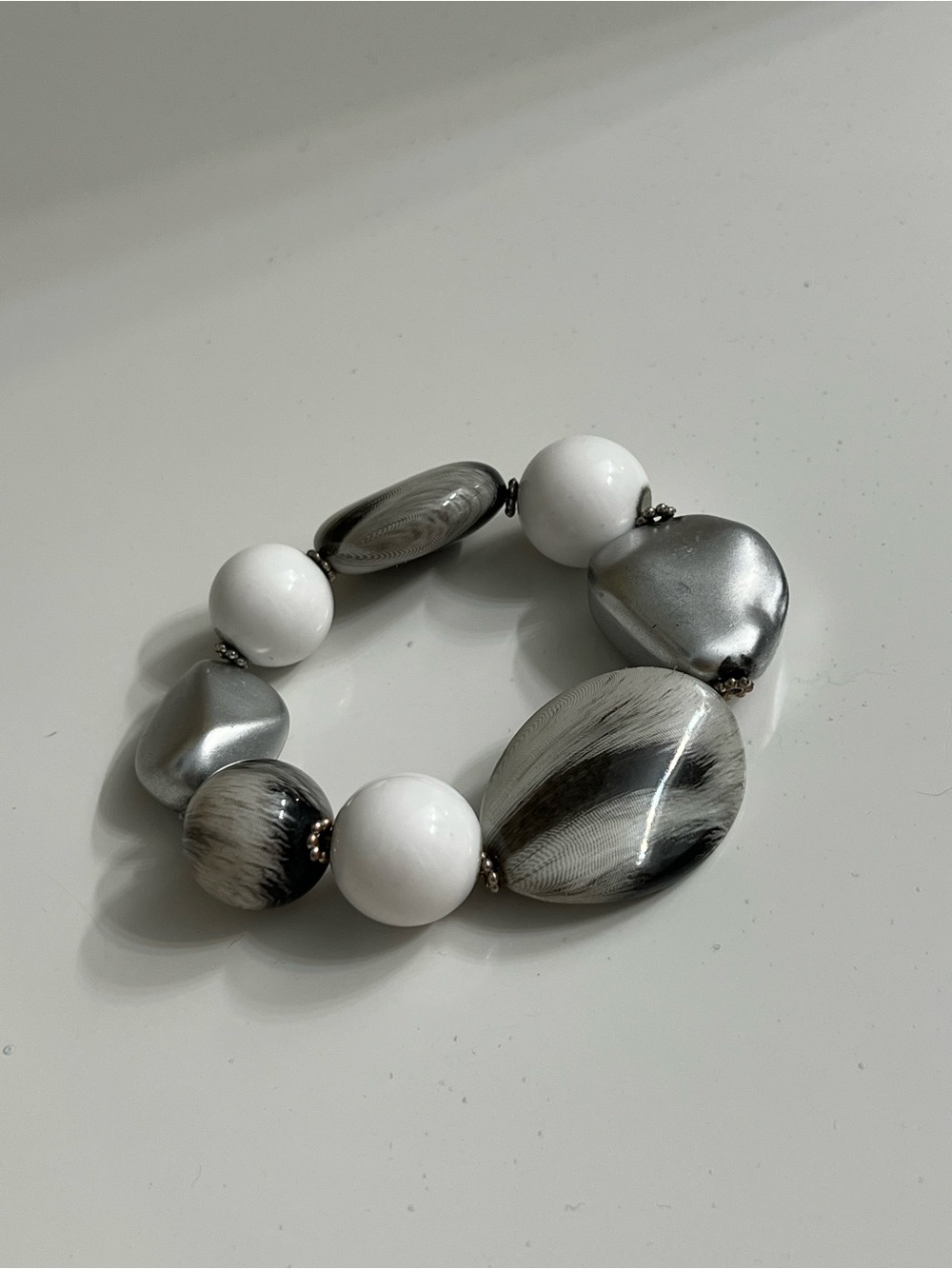 White and Silver Beaded Stretch Bracelet